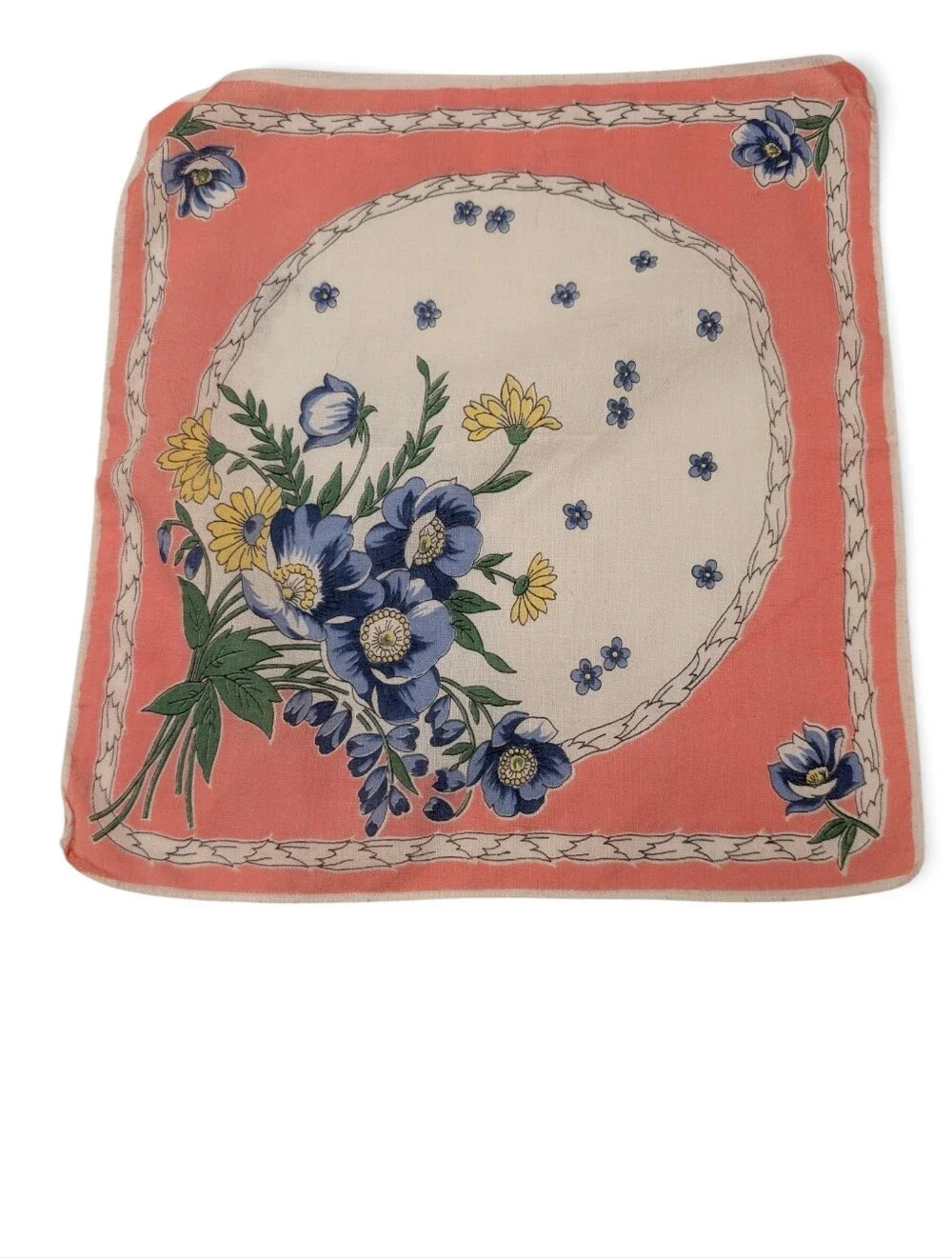 VINTAGE Hankerchief Floral Pink Blue Yellow White Colorful Bouquet Retro Print